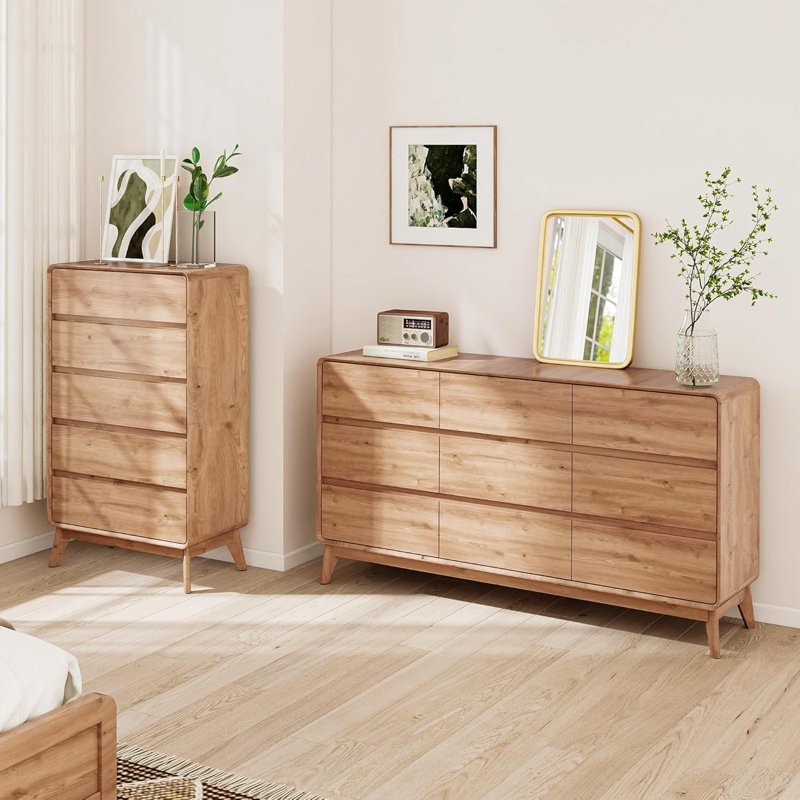 50"W Wood 5 - Drawers Dresser, Beige