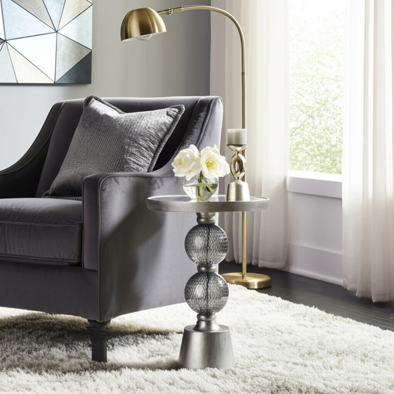 Modern Mirrored Top Side Table with Metal Base Contemporary Orb Accent Table, 22" H x 16" W x 16" D, Bronze/Sliver