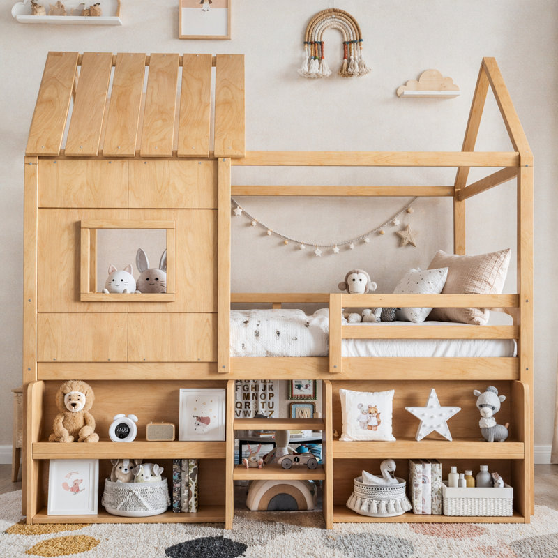 Lit mezzanine double avec tablettes de rangement et escaliers, Double, Naturel