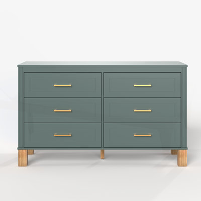 Commode double à 6 tiroirs avec poignées en métal et pieds en bois massif, armoire de rangement moderne pour enfants et adultes