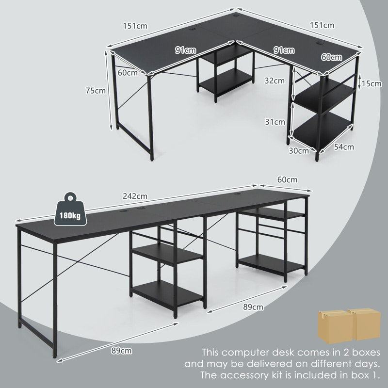 Addalynne L-Shaped Steel Computer Desk, Black