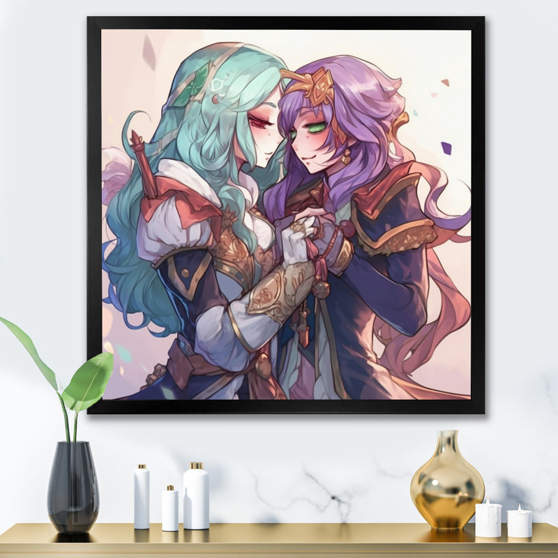 Couple d'anime s'embrassant pastel tendre, impression sur toile, H 24 po x l 24 po x P 1 po, Cadre photo noir simple