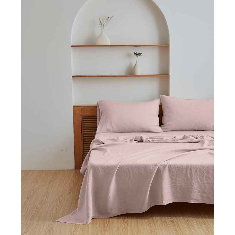 Simple&Opulence 100% Linen Sheet Set, Queen Sheet Set with 2 Pillowcases, Basic Blush Pink