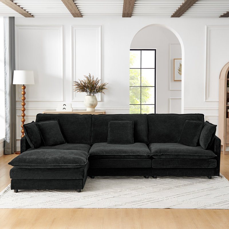 Canapé modulaire en forme de L de 111 po avec repose-pieds avec rangement, Serviette noire
