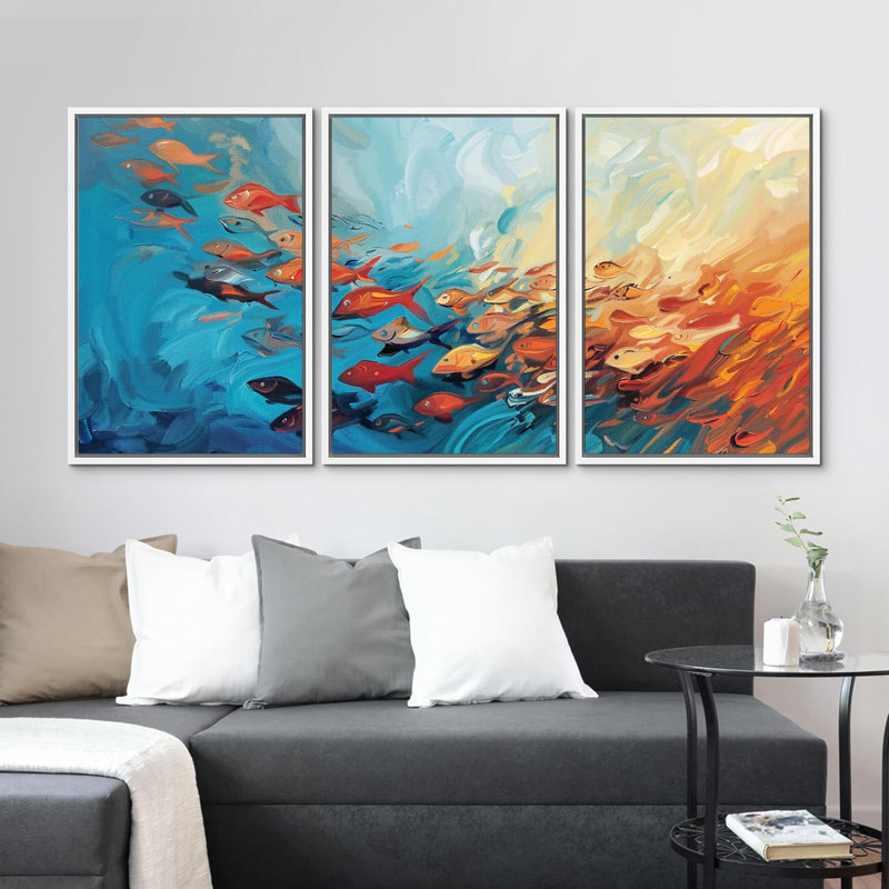 «Vibrant Orange Blue A School of Fish Nautical Ocean Modern Art Beachy Decor Chic Living Room» 3 pièces, Blanc