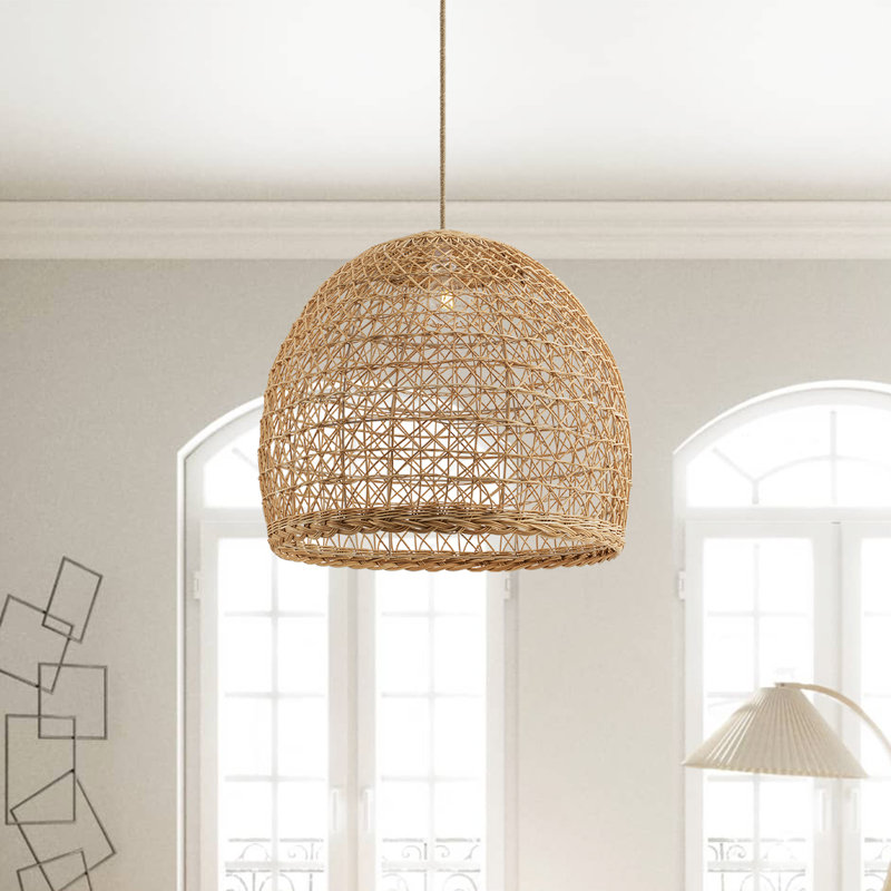 Lumiere Rattan Pendant Light - Natural Dome 1-Light Polished Handwoven Adjustable Light Fixture For Kitchen Island, Kitchen, Dining Room, Living Room, Bedroom or Hallway in Modern, Farmhouse & Boho Style