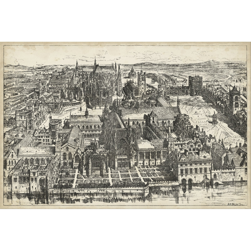 Bird's Eye View of London - Westminster - Drawing, Wrapped Canvas, 20cm H x 30cm W