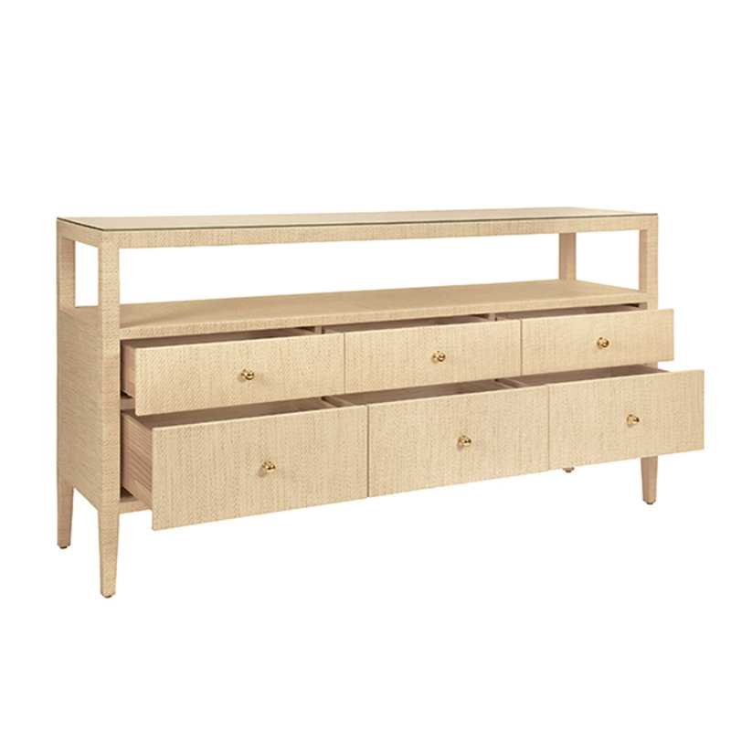 Six Drawer Console With Open Shelf In Burl Wood With Polished Brass Knobs, Natural
