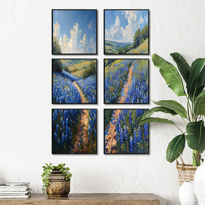 «Blue Green Summer Morning Magic Blue Bonnets Fields - Blue Bonnets», ensemble de 6 reproductions d'art mural, Noir