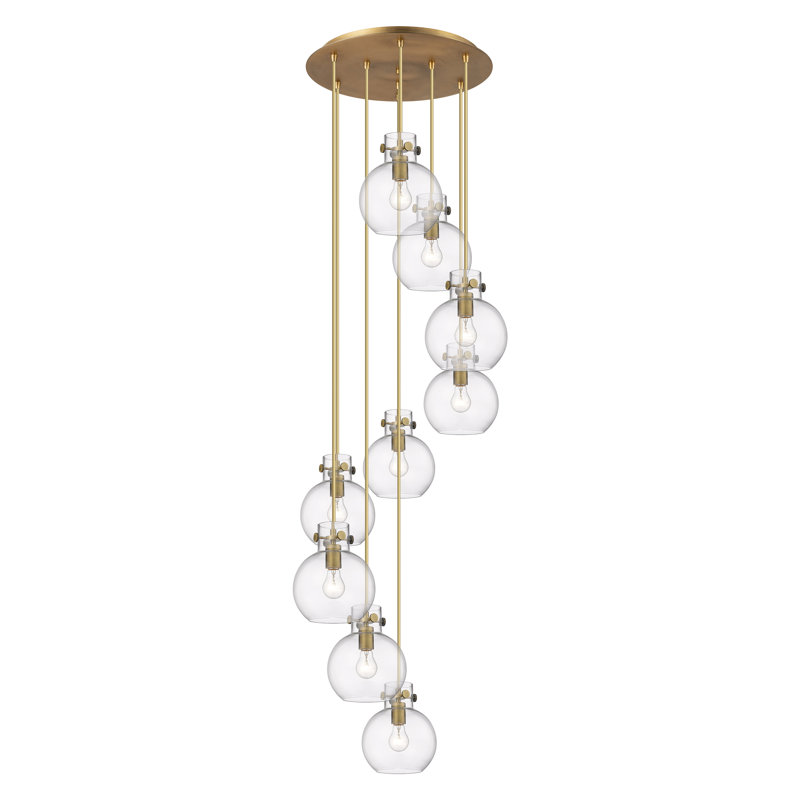 Luminaire suspendu 9 lumières Amrith, Laiton brossé, Transparent