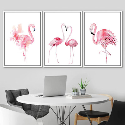 Pink Watercolor Flamingo Bird Animals Simple and Minimalist Framed Canvas 3 Pieces Print Wall Art