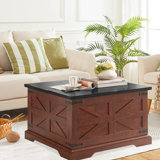 Table basse Farmhouse, table centrale carrée en bois avec grand compartiment de rangement caché