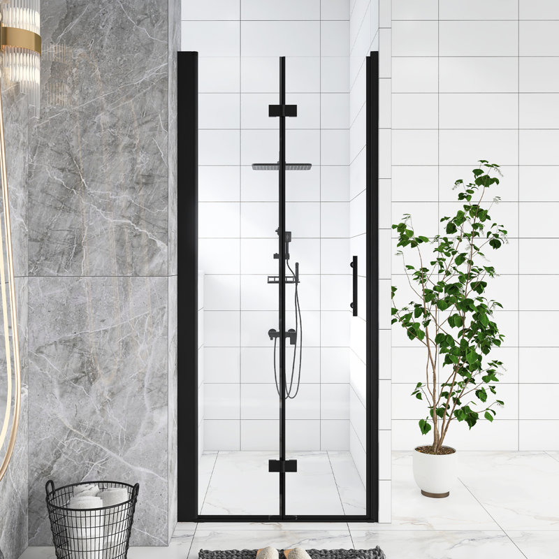 32.In W X 72.In H Bifold Shower Door, 1/4 In Thick Tempered Glass, Matte Black Aluminum Frame, Explosion Proof Film