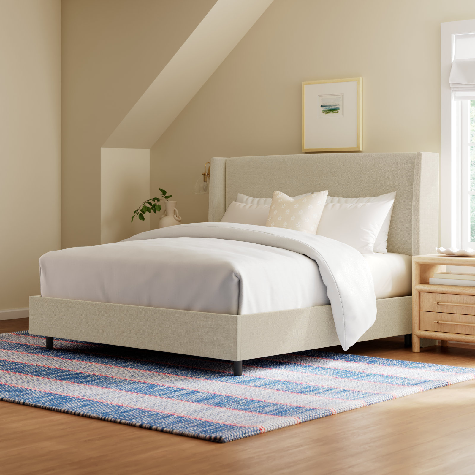 Tilly Linen Upholstered Wingback Bed, Queen, Classic Talc Linen