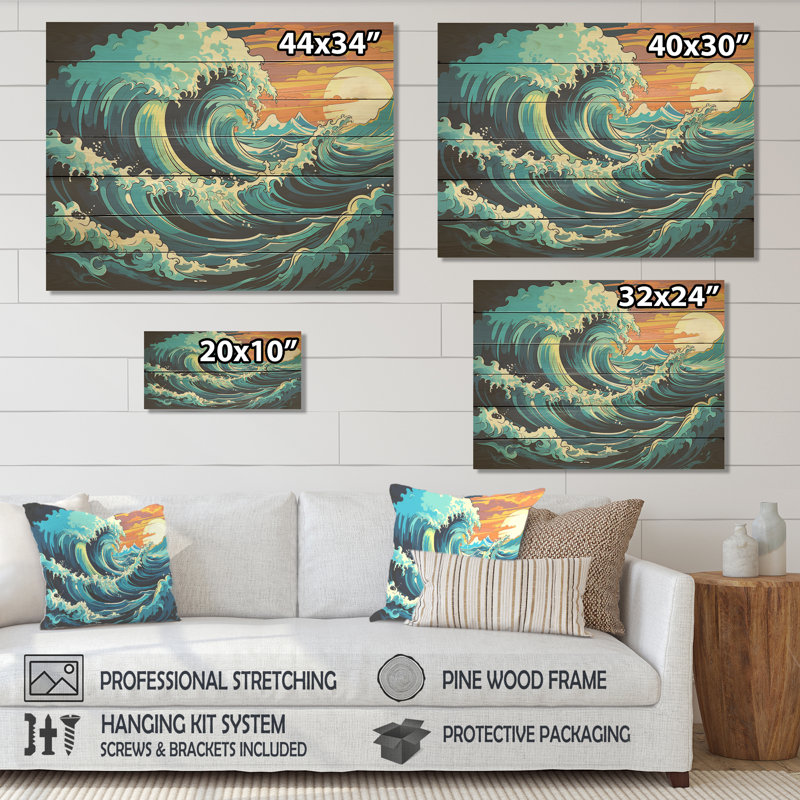 Vagues japonaises dans une tempête II - Tropical côtier sur bois, H 10 po x l 20 po