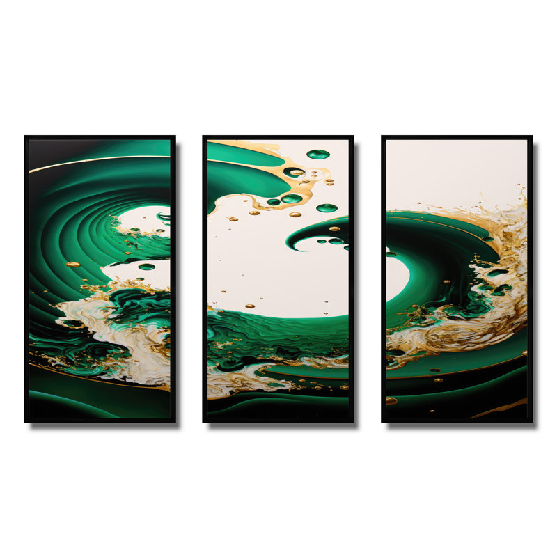 Azmariah Emerald Abstract Waves I - 3 pièces sur toile, Cadre noir, H 28 po x l 36 po x P 1 po