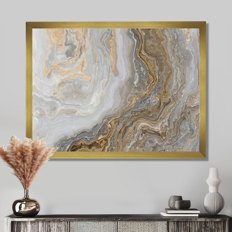 Art mural en marbre - marbre blanc avec veines de gris Curley et or - reproduction d'art sur toile, H 30 po x l 40 po, Doré