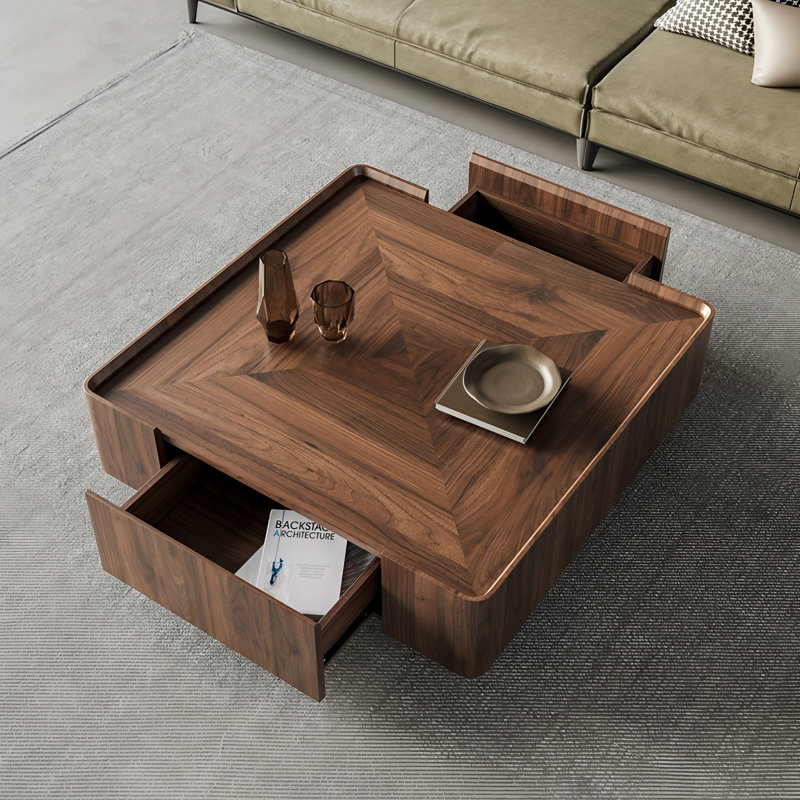 Modern Square Walnut Coffee Table with Storage Drawers & Black Wood Base