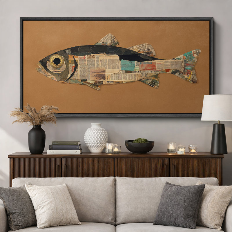 «Mixed Media Collage Fish Coastal Marine Art», impression sur toile encadrée, Black, H 30 po x l 60 po