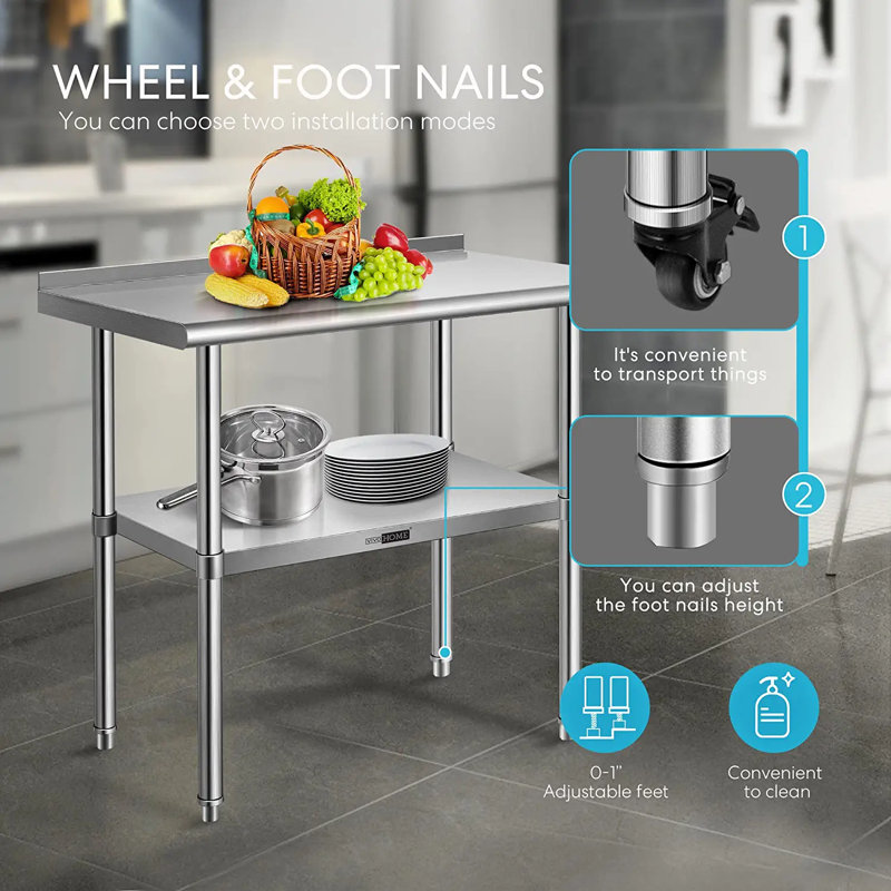 Table de travail en acier inoxydable avec dosseret et roues, H 24 po x l 29,2 po x P 28 po