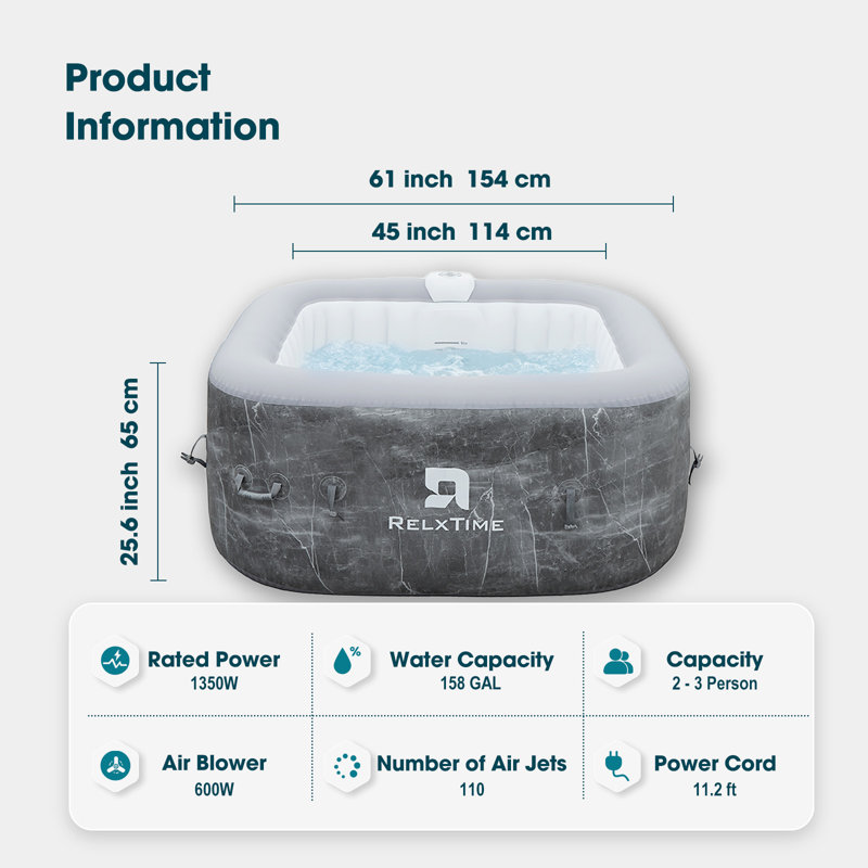 RELXTIME Square Portable Hot Tub 2-4 Person With Hot Tub Cover And Non-slip Seats, Outdoor Inflatable Blow Up Spa With 120 Bubble Jets, Built In Heater Pump, 2 Filter Cartridges