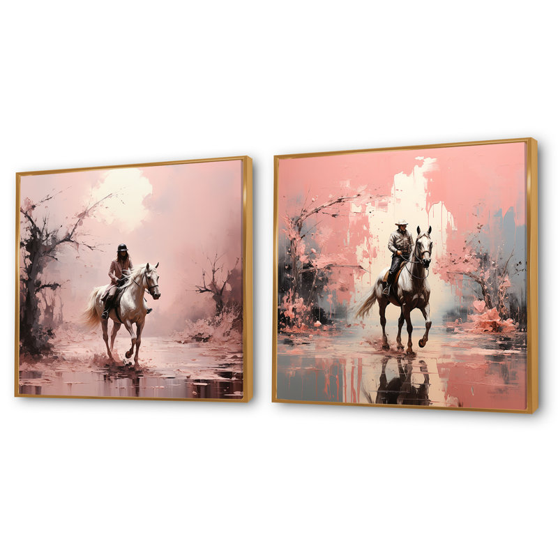 Cheval romantique au galop - ensemble de 2 animaux carrés, Cadre flottant doré, H 30 po x l 61 po