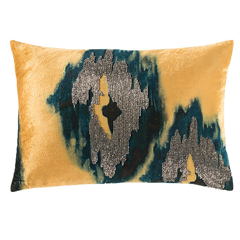Jade Ikat Pillow Cover & Insert, Yellow/Navy/Silver, 14” H x 20” W, Rectangular