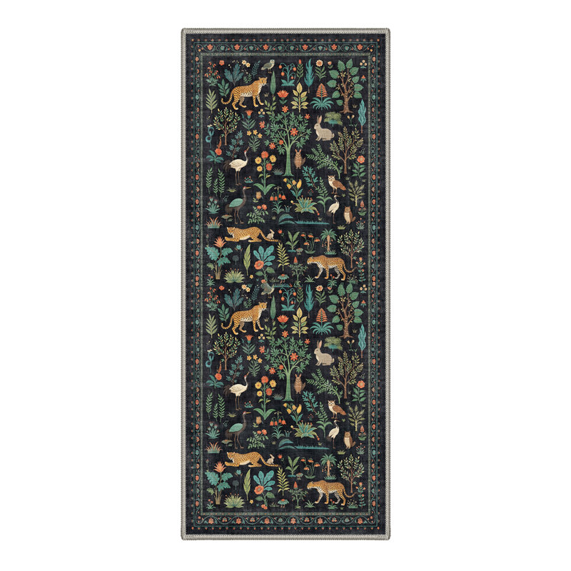 Veridian Floral Machine Washable Green / Black Indoor Area Rug with Non-Slip Backing, Runner 2'3" x 6'