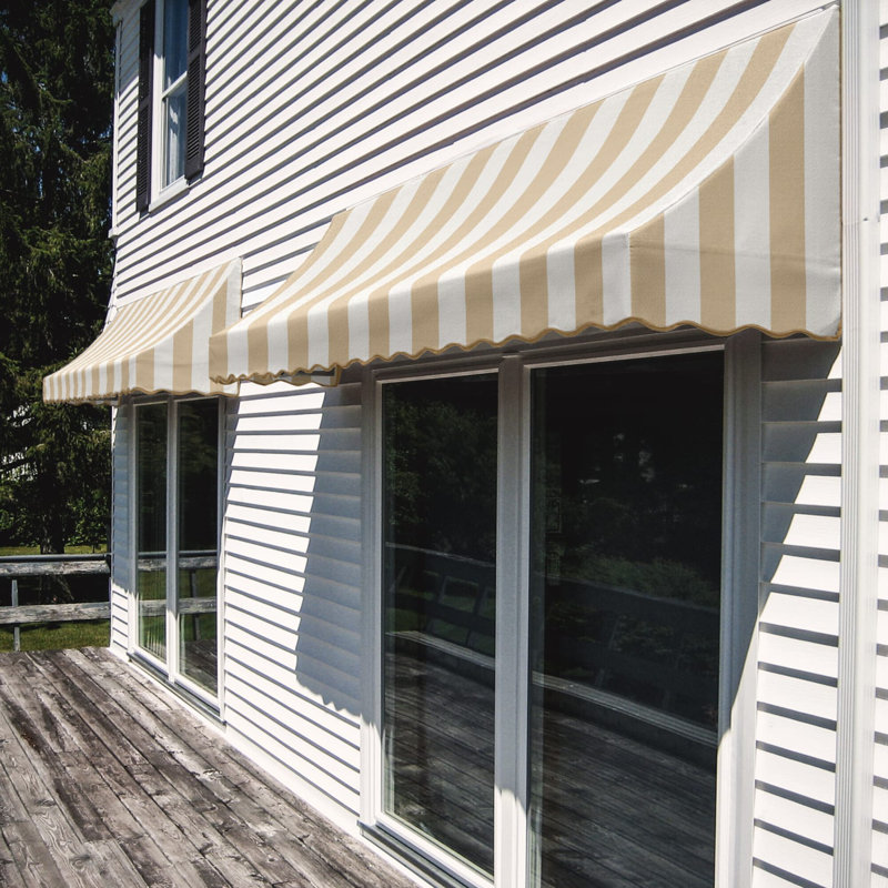 Awntech Nantucket Acrylic Fabric Fixed Awning, 31" H x 76.5" W x 24" D, Linen/White Stripe