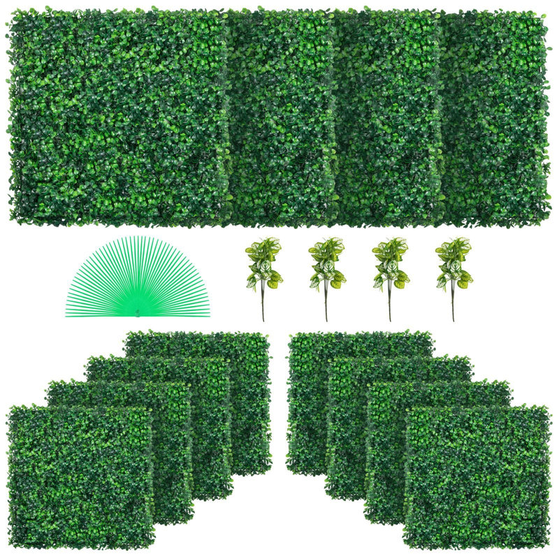 Artificial Boxwood Hedge Wall Panel - 20" x 20", PE/Plastic, 12 Pack, Green, UV Resistant
