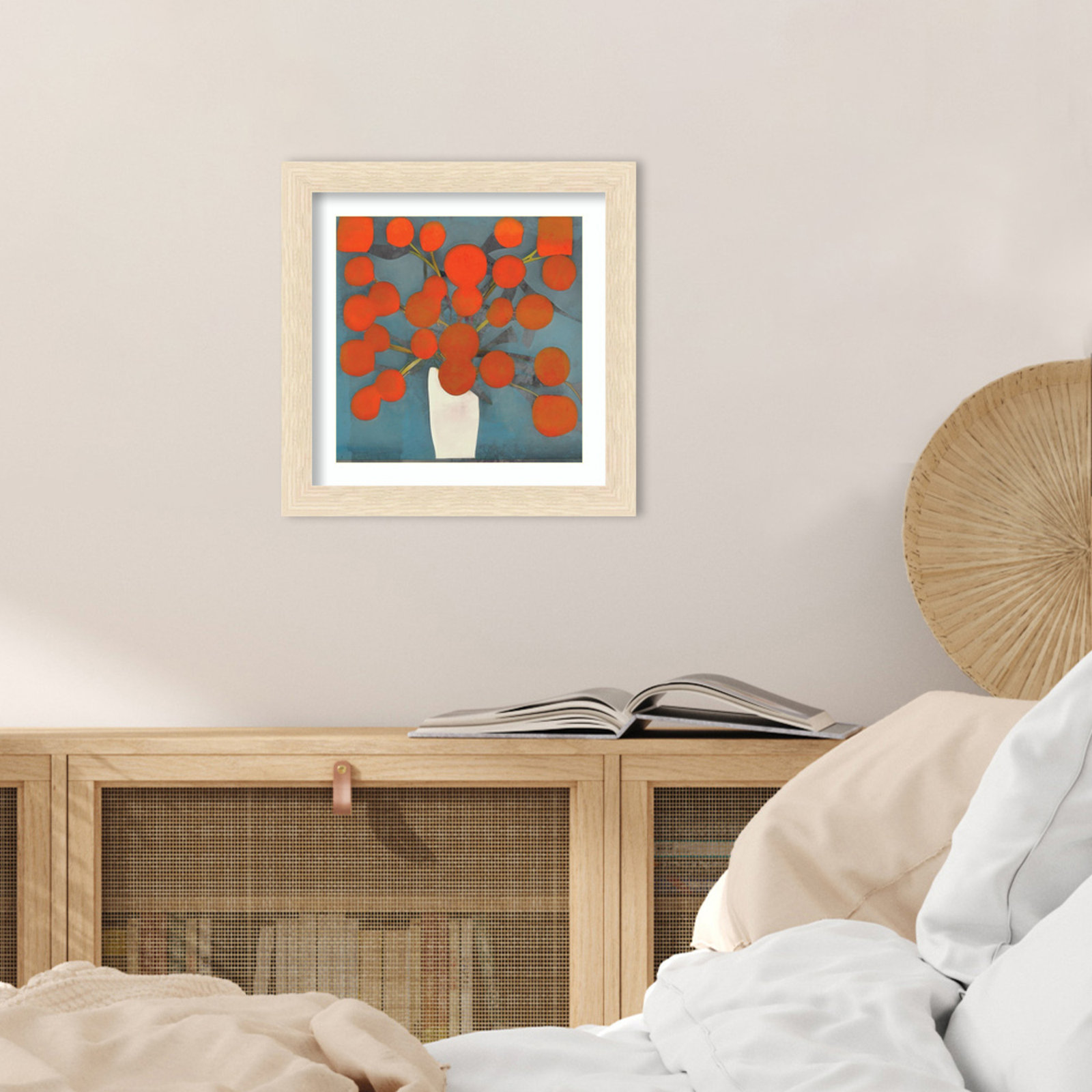 Abstract Orange Flowers by Elena Ray Wood Framed Wall Art Print, Natural, 14" H x 14" W