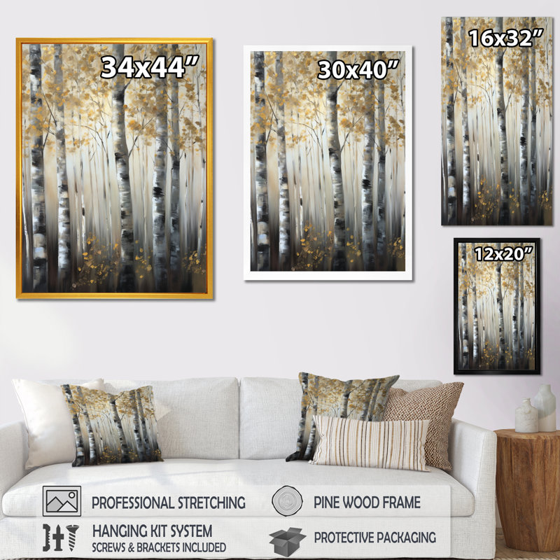 «Birch Tree Forest Wonderland V», reproduction sur toile, Cadre photo noir, H 40 po x l 30 po