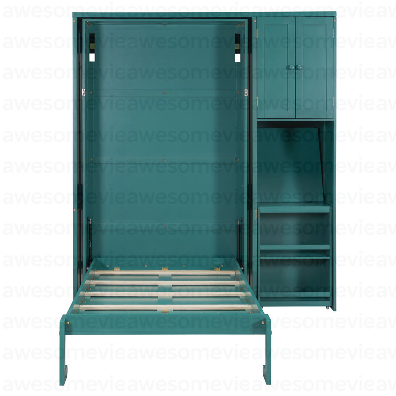 Lit escamotable mural simple avec bibliothèque, armoire supérieure, bureau extensible et rangement latéral, bleu sarcelle