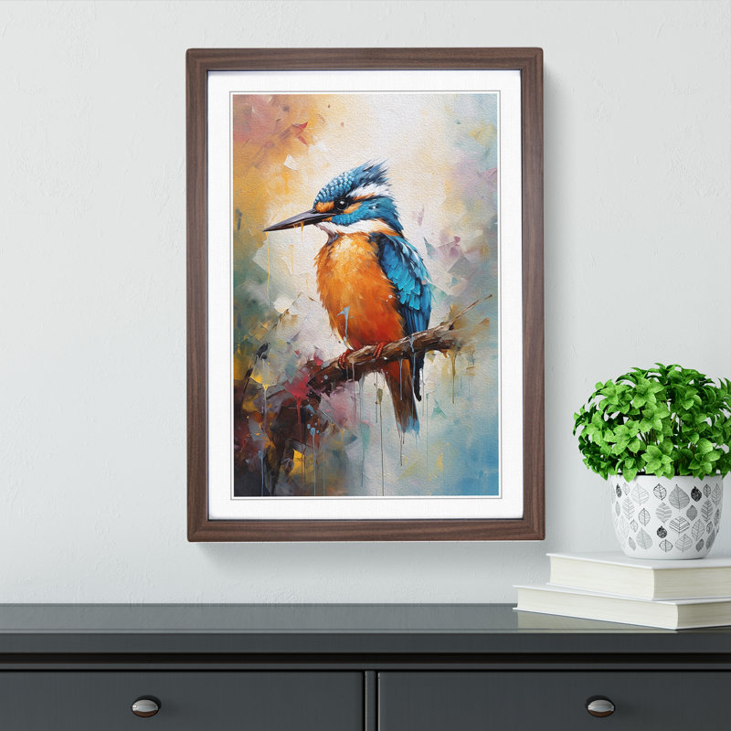 Kingfisher Impressionism - Single Picture Frame Print on Wood, Walnut Framed, 34cm H x 25cm W x 2cm D