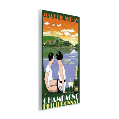 Plaque de champagne rétro avec vue, art par Jean-Pierre Got