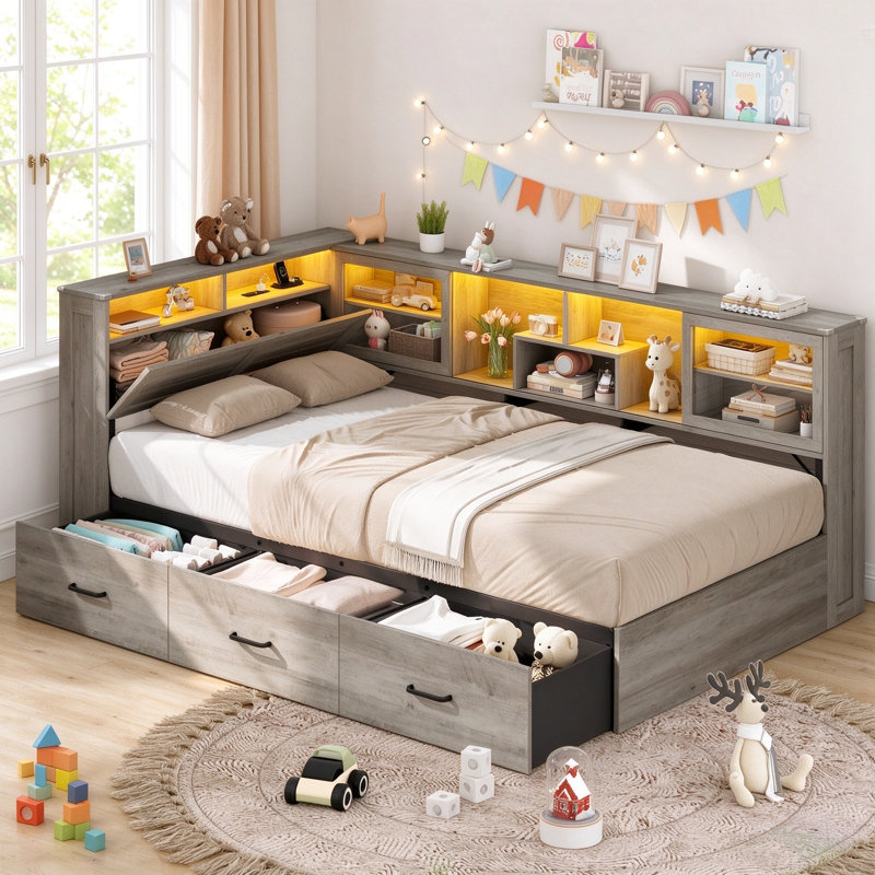 Lit de jour simple avec rangement et tête de lit bibliothèque coulissante en verre, cadre de lit d'angle en bois de style champêtre avec 3 tiroirs de rangement, étagères latérales à 2 niveaux, lumières DEL et station de recharge, lit convertible pour petite chambre, aucun sommier requis