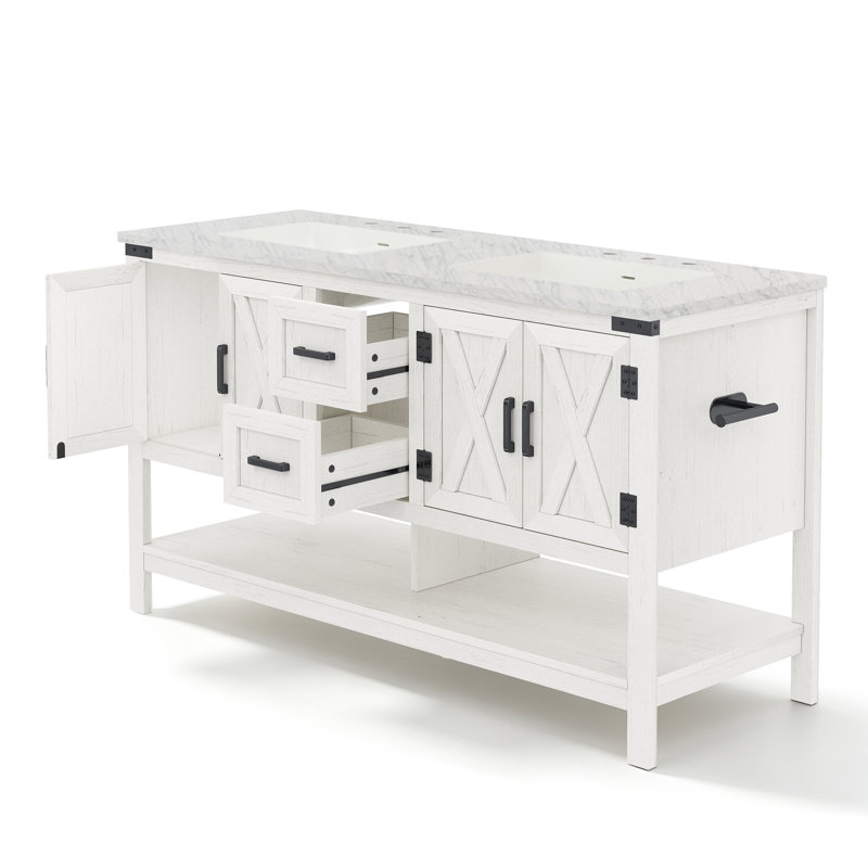 Meuble-lavabo double vasque de style campagnard de 152 cm (60 po) de largeur, avec comptoir en acrylique effet marbre blanc de Carrare et grand espace de rangement, blanc vieilli