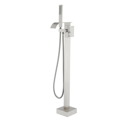 Freestanding Tub Faucet With Handheld Shower Single Hole Waterfall Floor Mount Bathtub Faucets Brass Single Handle Tub Fillers With Swivel Spout