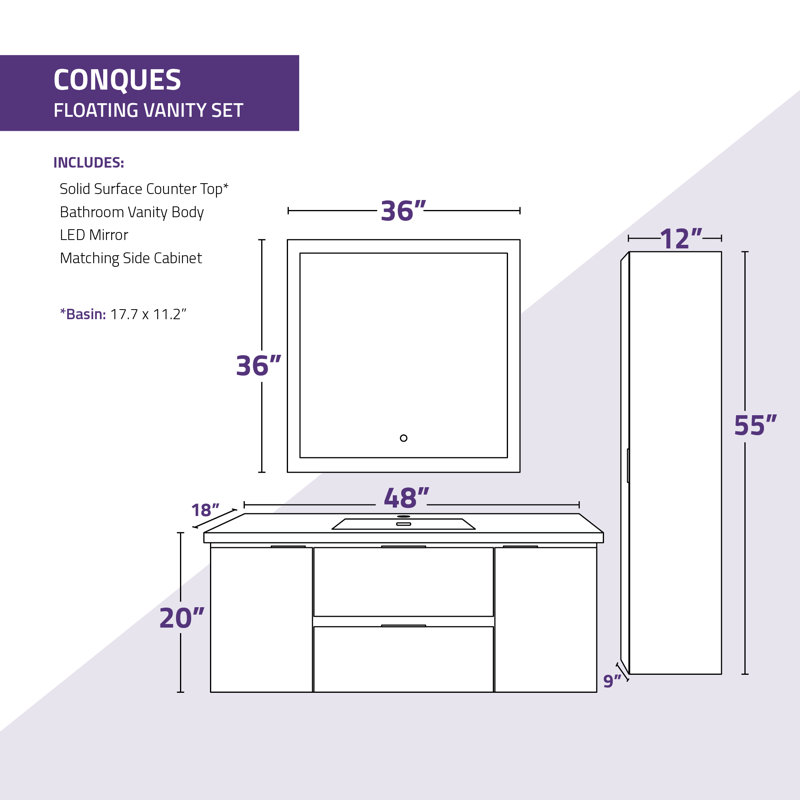 Conques 48'' Single Bathroom Vanity with Marble Top with Mirror, White
