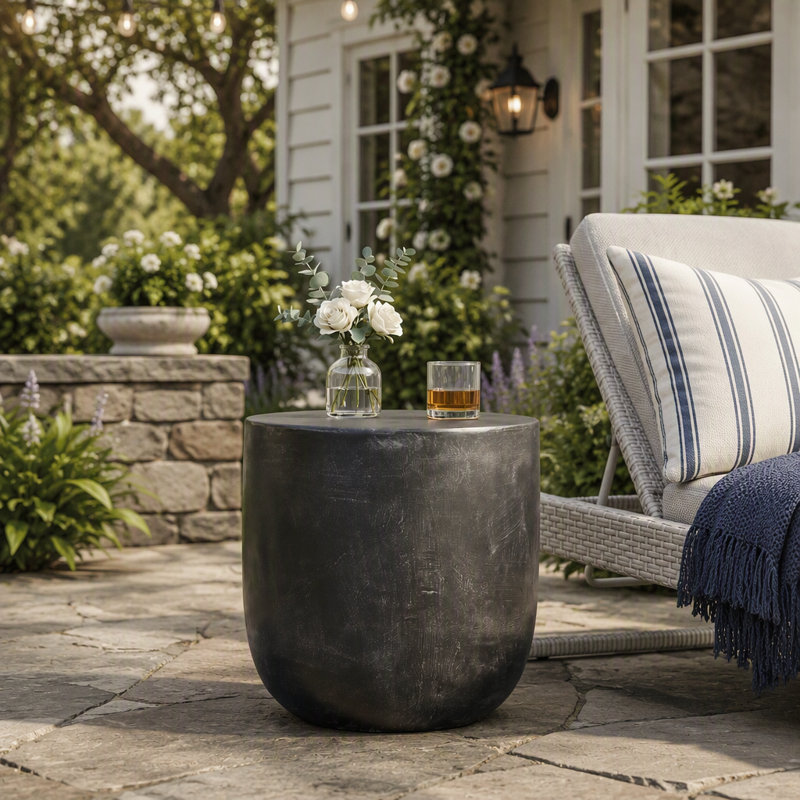Table de bout Graceful Barrel avec béton léger, pour les espaces extérieurs modernes et fonctionnels