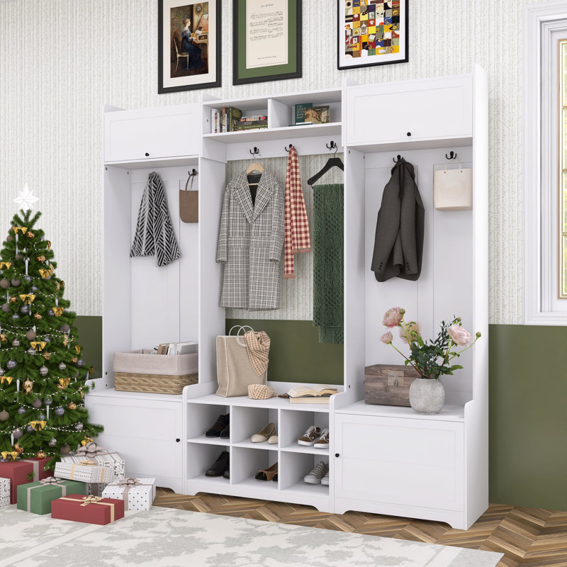 Modern Hall Tree With Shoe Storage,Cubbies, Coat Hooks & Adiustable Shelf, White
