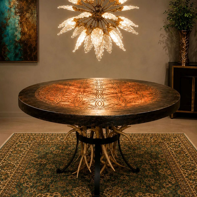 Round Engraved Copper Dining Table with Sculptural Antler Base | Flower of Life Engraved Top