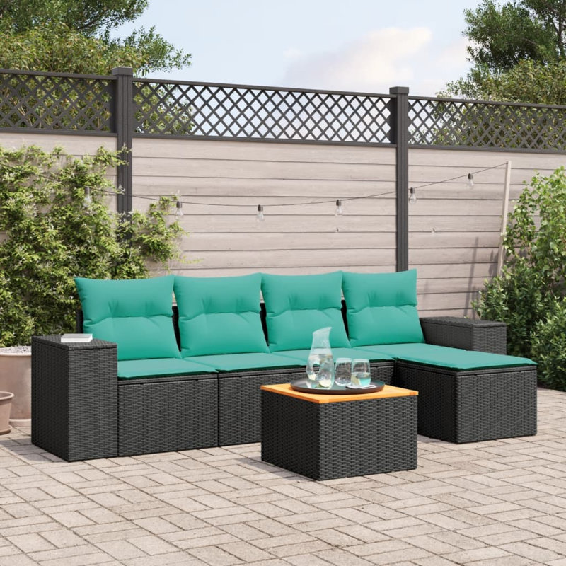  Ensemble de canapé de patio 6 pièces avec coussins en rotin de polyester noir