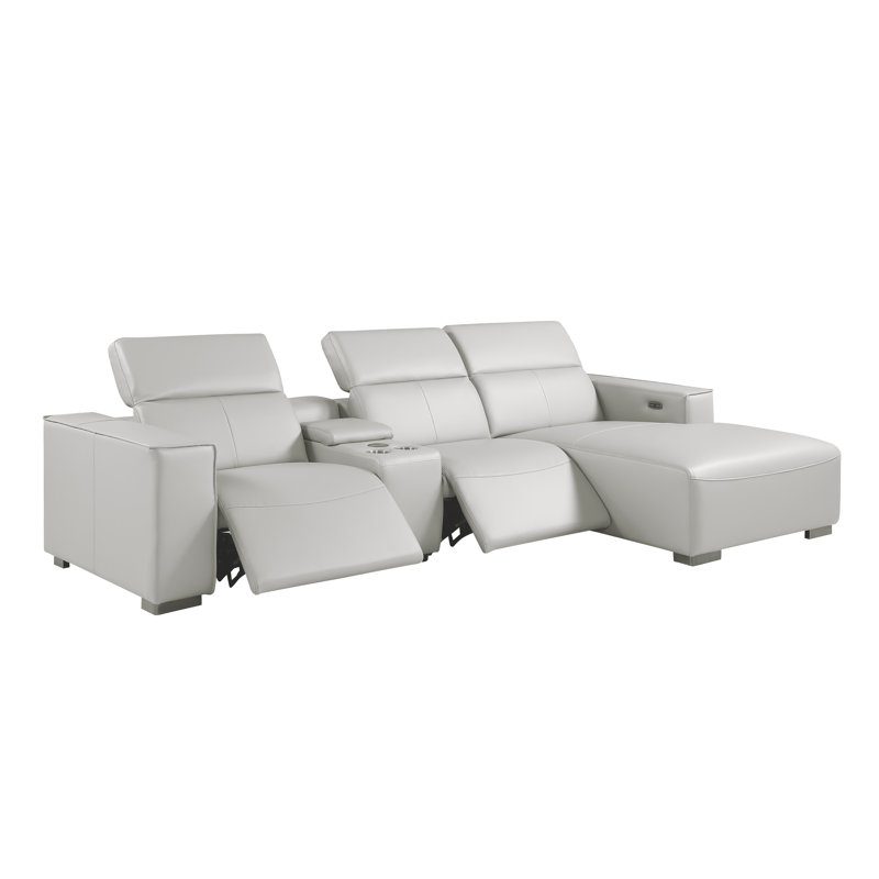 Canapé modulaire en L en cuir véritable 4 pièces faisant face à droite gris clair avec 2 fauteuils inclinables et appuis-tête réglables