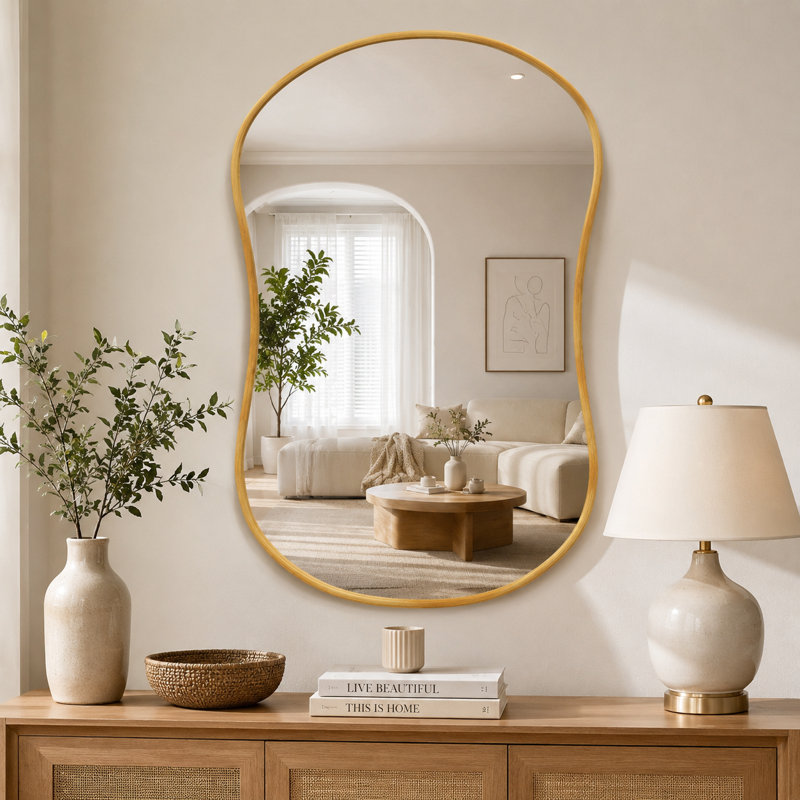 Miroir mural contemporain contemporain avec bords concaves pour meuble-lavabo, décoration de salon, 36 po x 26 po, Doré