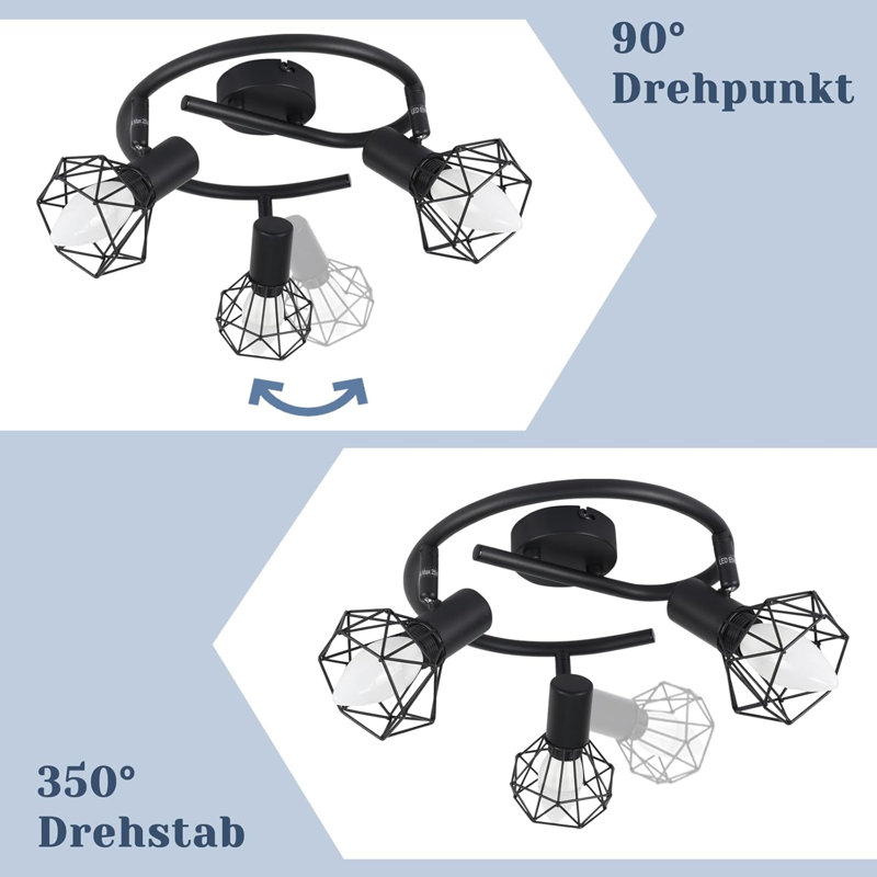 Ceiling spotlight 3-flame round ceiling spots - ceiling light E14 retro swiveling industrial kitchen lamp metal for bedroom living room study hallway no bulbs