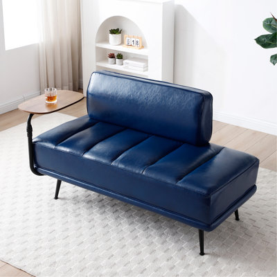 Banc de bout moderne de 55 po de largeur, similicuir bleu avec table d'appoint, canapé pivotant à 360 degrés, repose-pieds de vestibule, banc de fenêtre avec pieds en métal pour chambre à coucher, salon