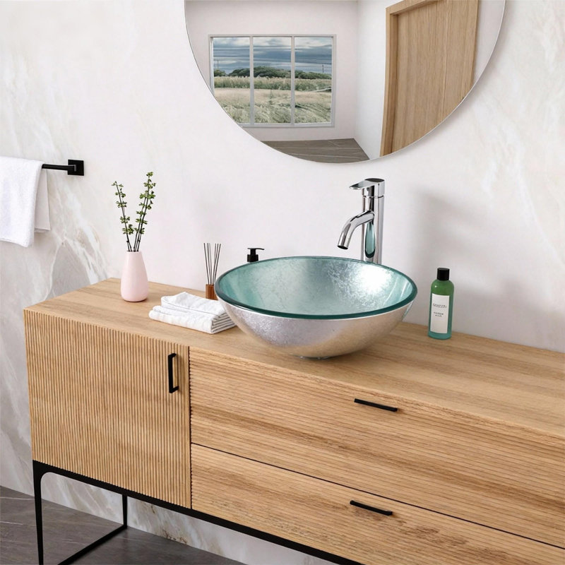 Tempered Glass Vessel Bathroom Sink With Pop-Up Drain, Artistic Silver Design | Gift Idea