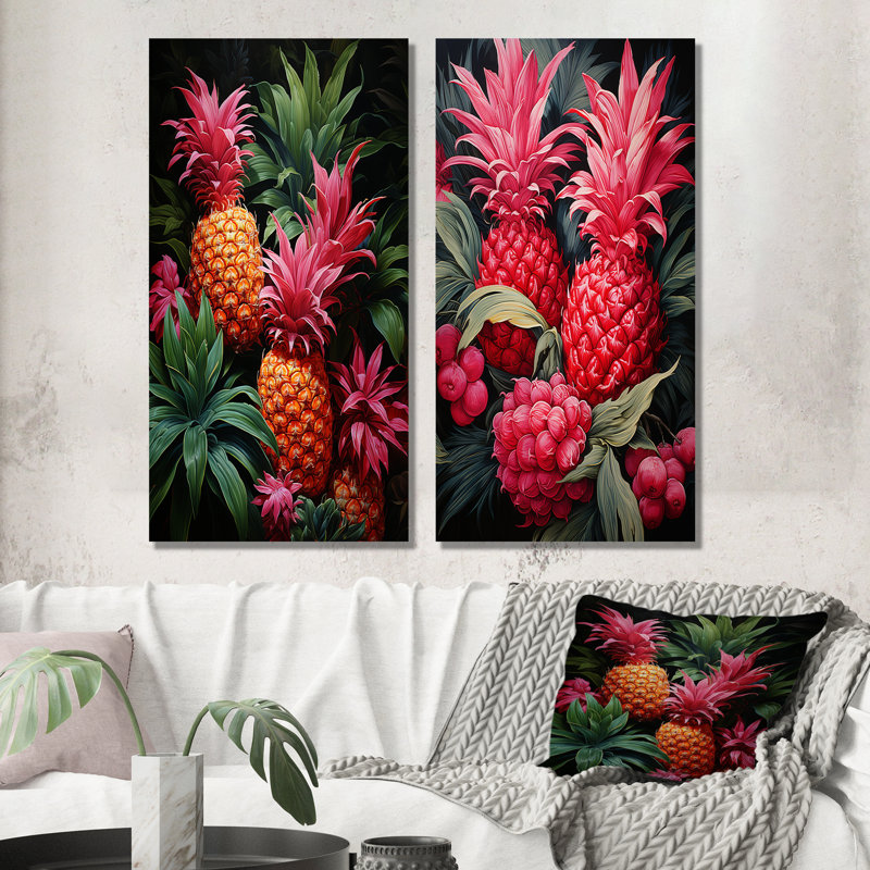 Rustic Pink Pineapple Impression I - ensemble de 2 décorations murales ananas, H 28 po x l 25 po, Toile tendue