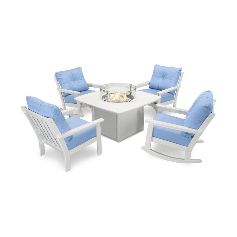 Vineyard 5-Piece Deep Seating Rocking Chair Conversation Set with Fire Pit Table, Cast Ash, White